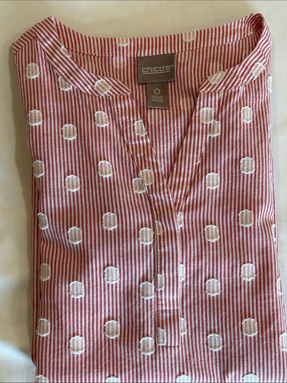 Chico's Red White Striped Polka Dot Popover Blouse Side Tie Short Sleeve Size 0 - Picture 8 of 9